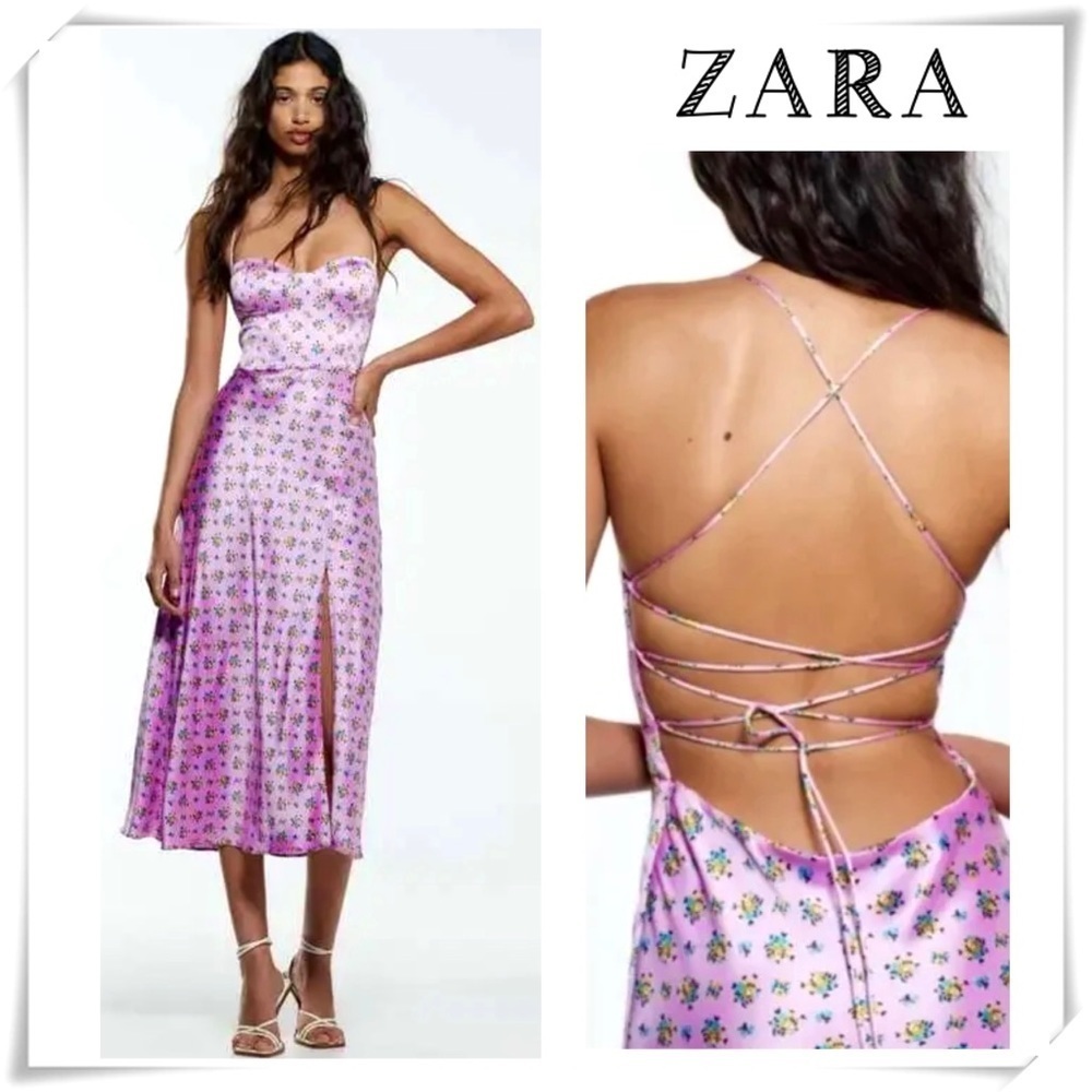 ZARA Floral Print Lace up Black Silky Satin Fitted Midi Dress in Pink Size S New